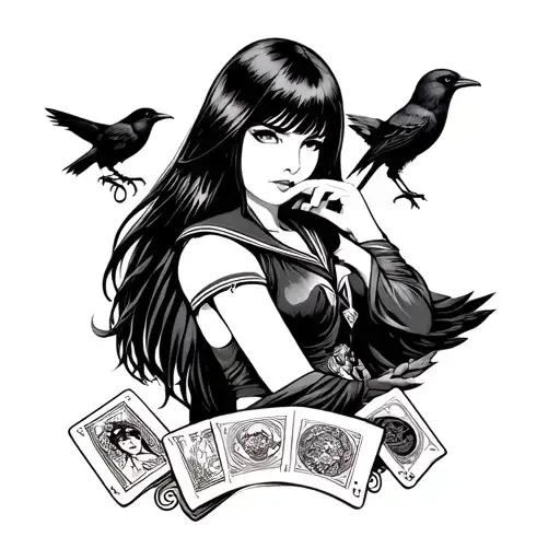 Sailor Mars Themed Sleeve With Tarot Cards And Ofuda Scroll And Black Crows