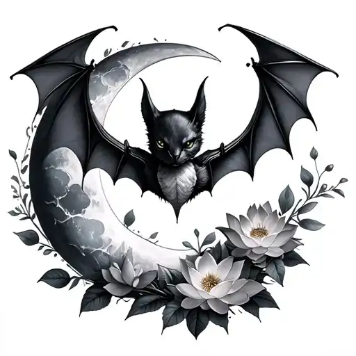 Bat With Flowers Femine Moon With Lotus