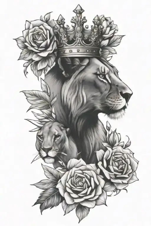 2 Lioness With A Crown Surrounded By Bold Flowers