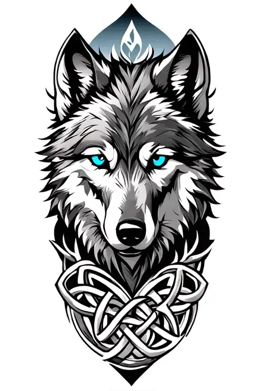 Wolf With Blue Eyes On Armor Tattoo Design Featuring Celtic Trinity Knot