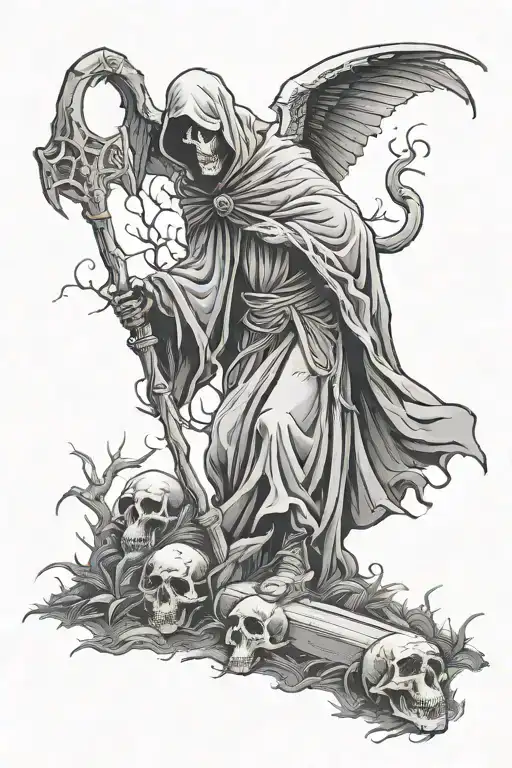 Foggy Grave Yard With Kitted Grim Reaper Full Body