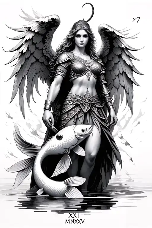 Angel Warrior With Koi Fish With Roman Numerals Xi Xvi Mmxix