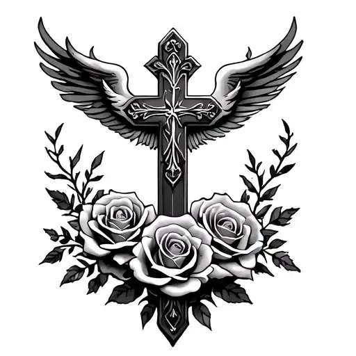 Cross And Heaven And Roses Full Back Tatoo Design