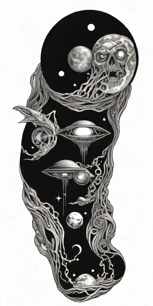 Trippy Tattoo Design Incorporating Extra Terrestrial Elements Of Darkness