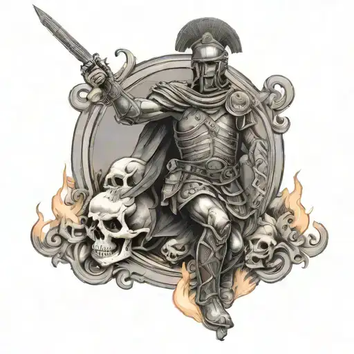 Roman Soldier Standing On Skulls With Fire Background
