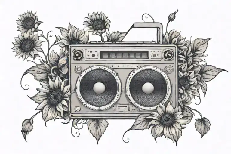 Create A Fine Line Tattoo Of A Boombox With Sunflowers Where The Speakers Are