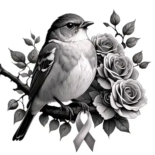 Robin Sitting On Branch With Roses Around It With A Cancer Ribbon Hanging On The Branch