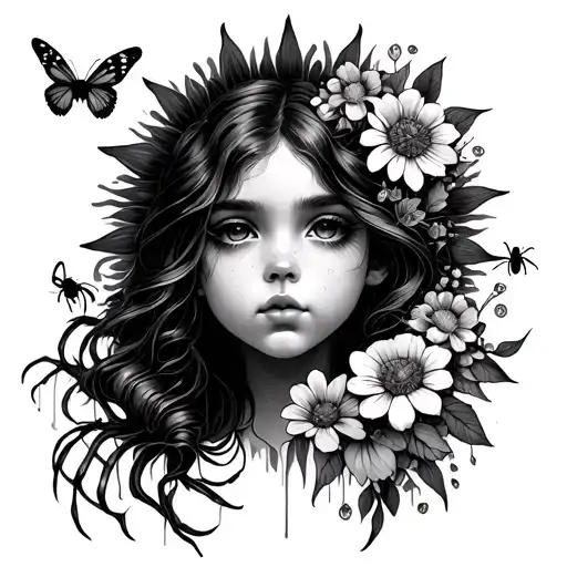 Sun And Girl Face With Spiders And Flowers And Butterflies