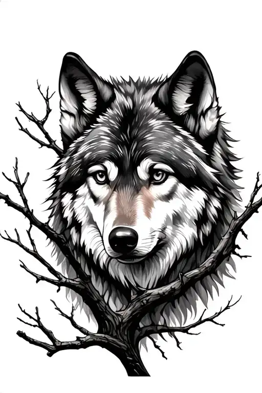 Face Of Wolf In Tree Branches