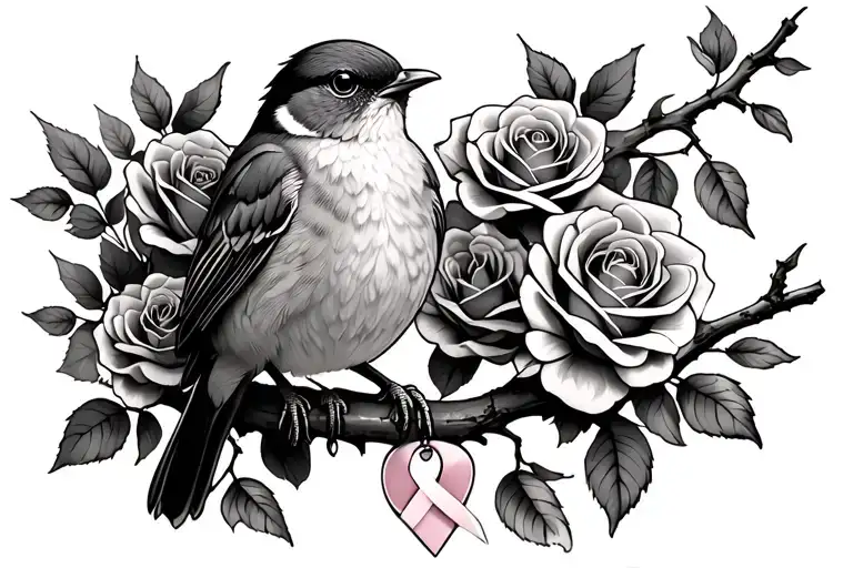 Robin Sitting On Branch With Roses Around It With A Cancer Ribbon Hanging On The Branch