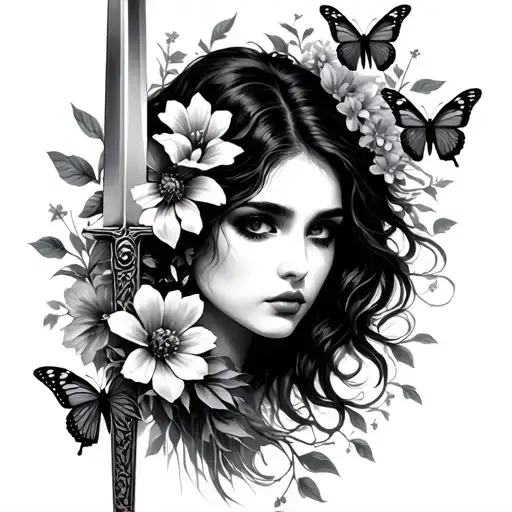 Women Face With Sword Butterflies And Flower Bouquet