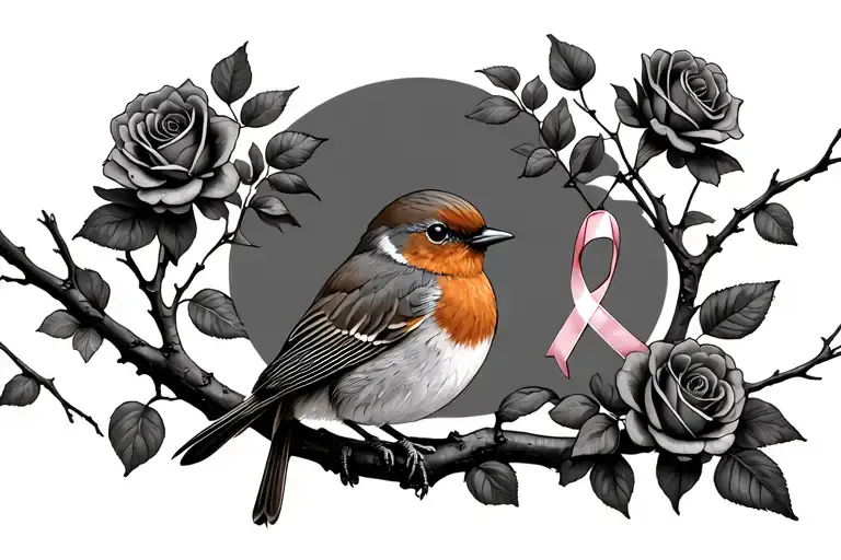 Robin Sitting On Branch With Roses Around It With A Cancer Ribbon Hanging On The Branch