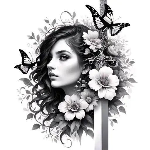 Women Face With Sword Butterflies And Flower Bouquet Morphing