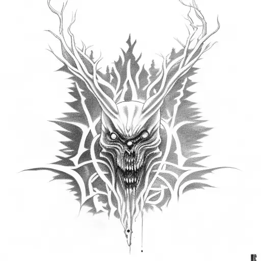 A Horror-inspired Tattoo Featuring A Mystical Creature In A Dark Forest