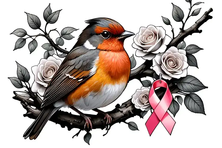 Colored Robin Sitting On Branch With Roses Around It With A Cancer Ribbon Hanging On The Branch