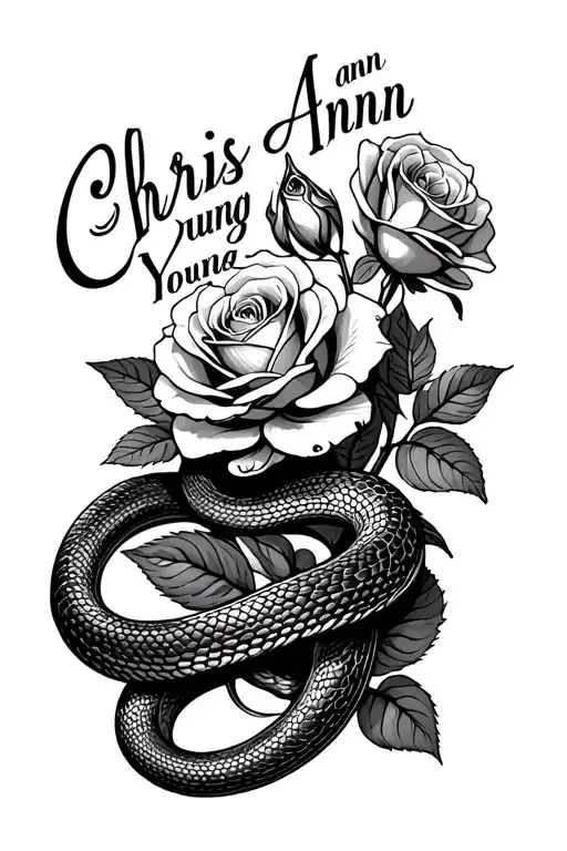 Snake Coiled Around Roses Growing With The Name Chris Ann Young