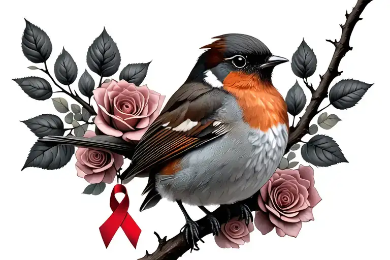 Colored Robin Sitting On Branch With Roses Around It With A Cancer Ribbon Hanging On The Branch