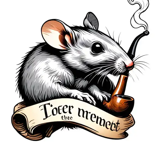 Rat Smoking Tobacco A Pipe American Traditional With Memento Mori Scroll Text