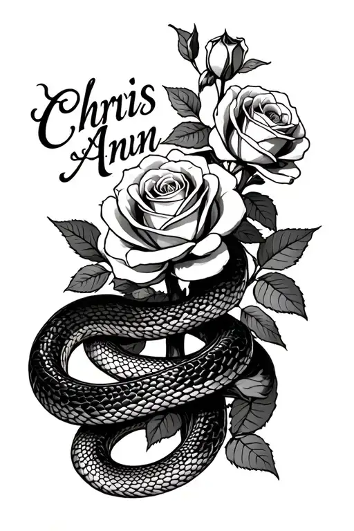 Snake Coiled Around Roses Growing With The Name Chris Ann Young