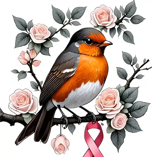 Colored Robin Sitting On Branch With Roses Around It With A Cancer Ribbon Hanging On The Branch