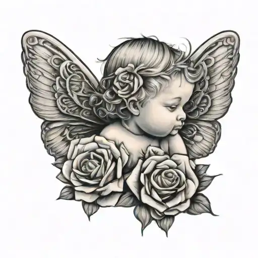 Baby Angel With Butterfly Wings And Roses