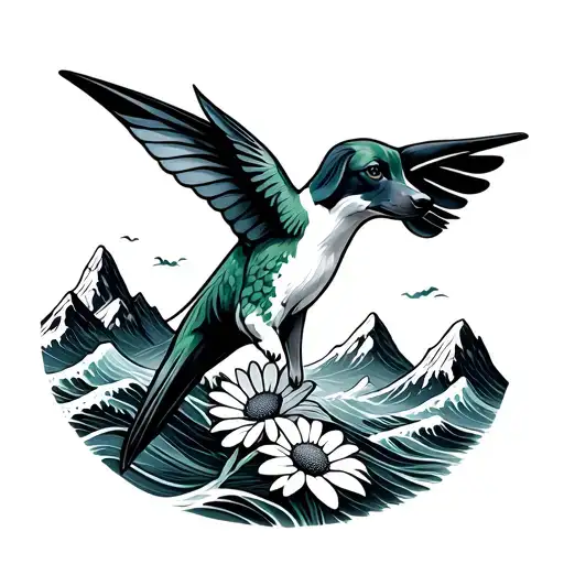 Daisys Dog Hummingbird Mountains With Waves