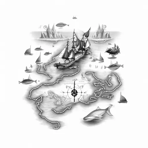 Nautical Map With Various Sea Monsters Scattered Throughout