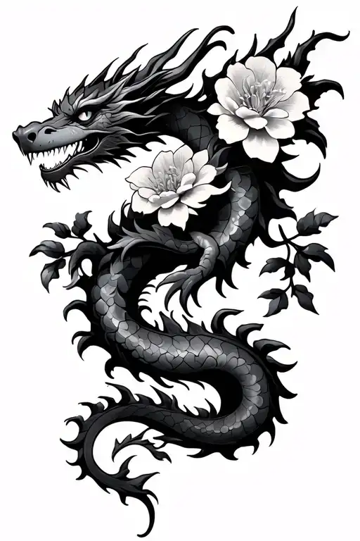 Flowers And Japanese Style Dragon With Arms And Legs Wrapped Simple