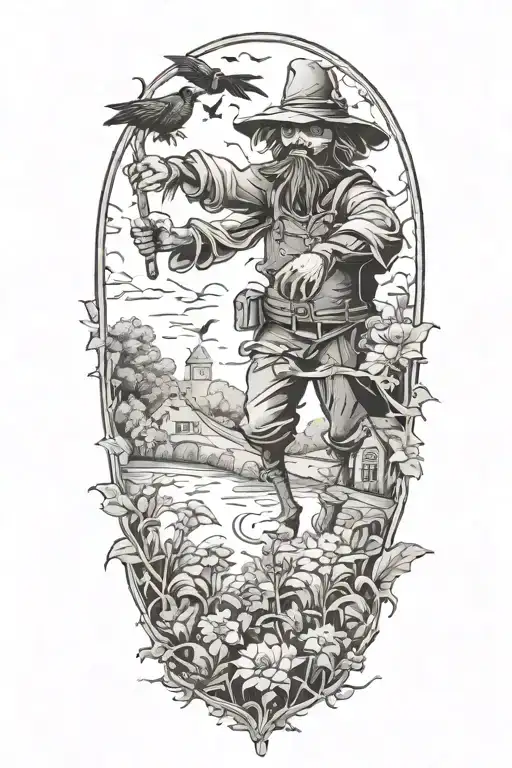A Tattoo Showcasing A Scarecrow Working In A Garden Filled With Crows