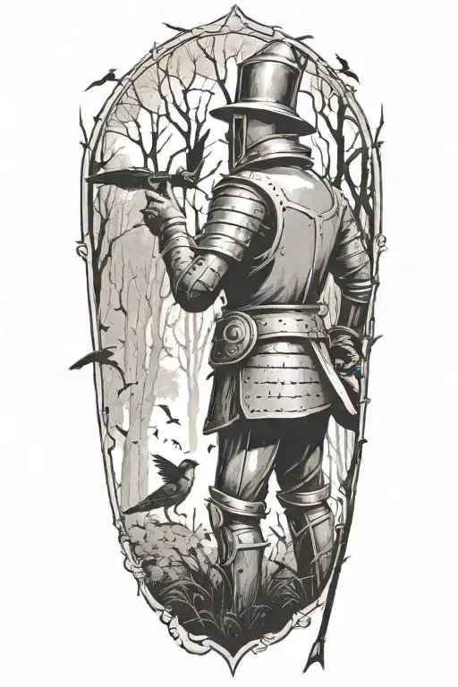 A Tattoo Showcasing A Tin Man Working In A Forest Filled With Crows