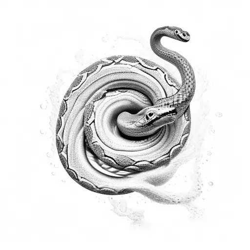 A Black-grey Tattoo Of A Coiled Snake Emerging From A Water Wave