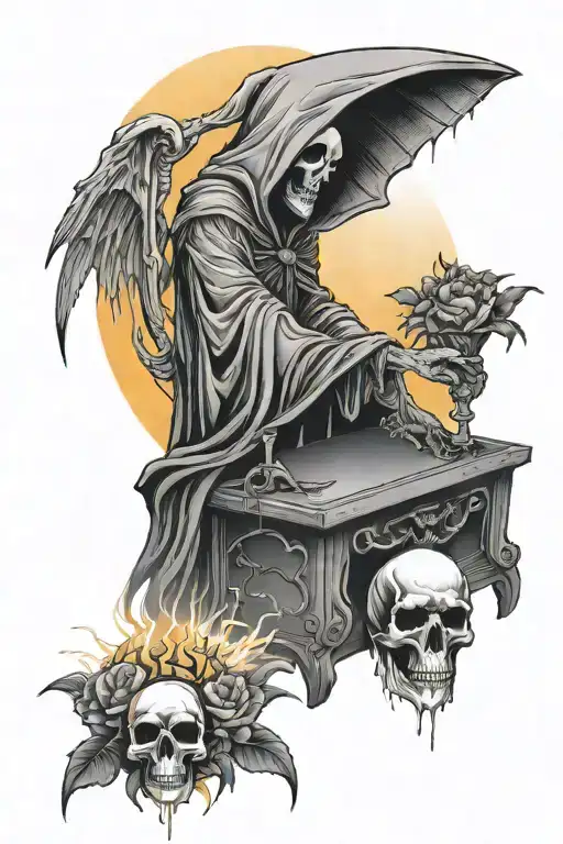Grim Reaper Crying At Casket With Sun Rising Behind Them