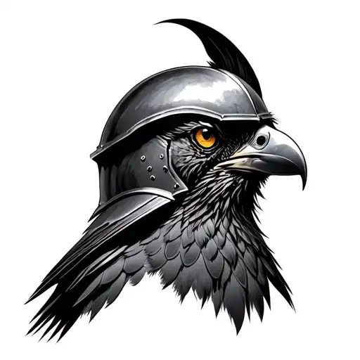 Realistic Bird Wearing Knight Helmet Looking Up