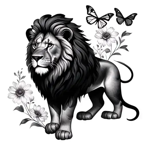 Lion With Flowers And Butterflies