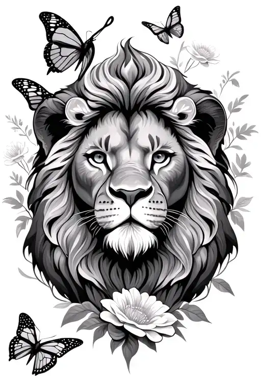Lion With Flowers And Butterflies