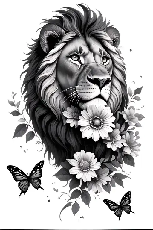 Lion With Flowers And Butterflies