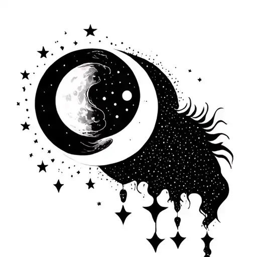 Moon And Sun Merging With Stars Hanging Down