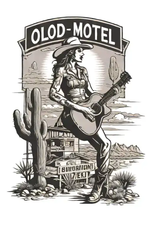 Desert Landscape Old Motel Sign With Cowgirl Playing Guitar