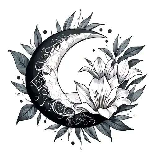 Crescent Moon With Lilly Wrapped Line Work