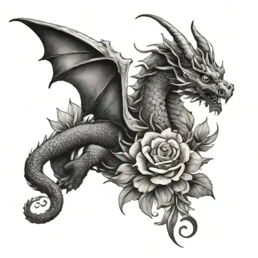 Dragon With Flowers On The Thigh Tattoo Featuring