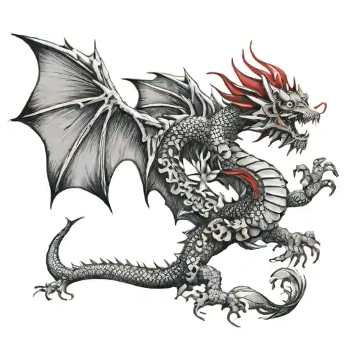 Red Dragon With Flowers On The Thigh Tattoo Featuring
