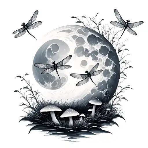 Moon With Dragonflies And Mushrooms