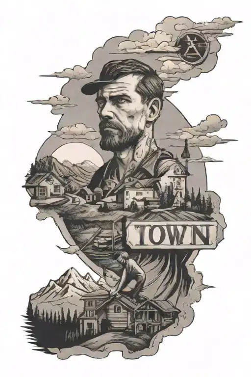 A Man In Front Of A Town Sign And Mountains Can Be Seen In The Background