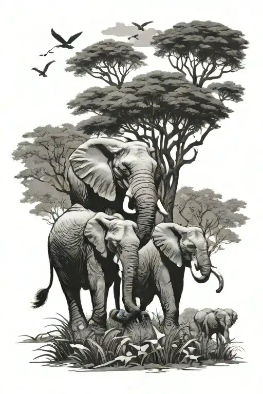 Elephant Herd Grazing Sleeve Tattoo Design