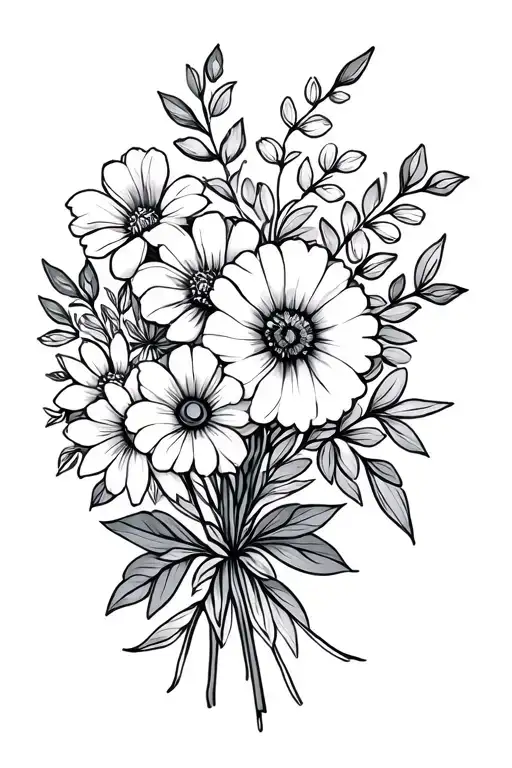 Fine Line Flower Bouquet With January March June And August Flower