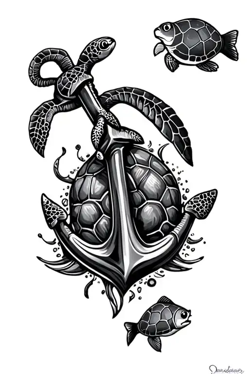 Anchor With Sea Turtles And Fish Swimming Around It