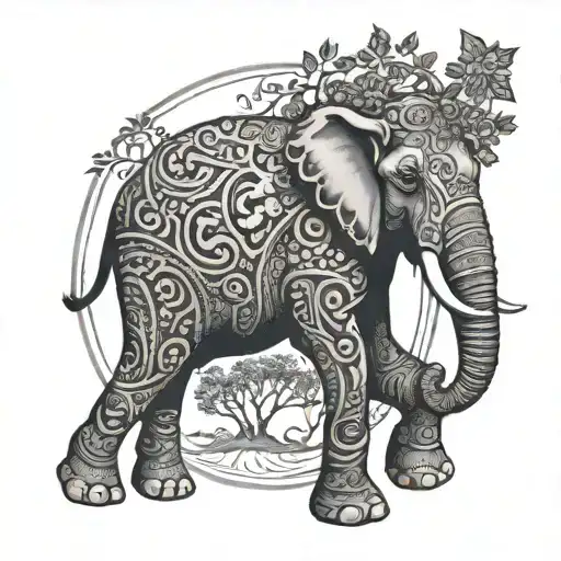 Bohemian Elephant With Trunk Up And Has A Bonsai Tree Coming From Its Back In A Circle Frame
