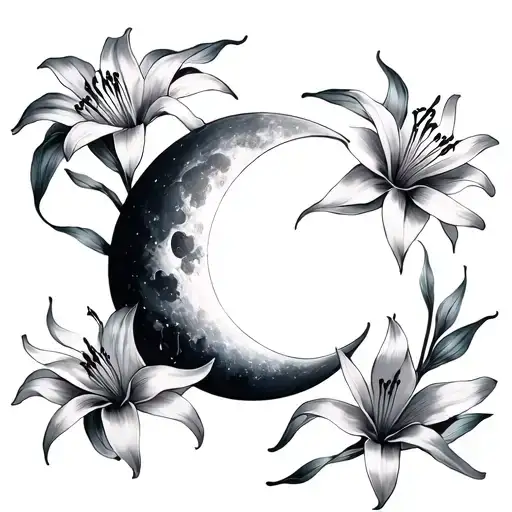 Ethereal Crescent Moon Surrounded By Spider Lily Flowers