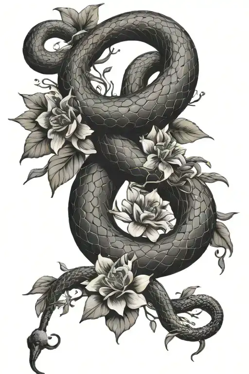 Snake Entwining In Flowers