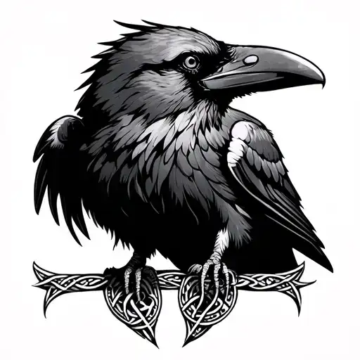 Raven With Celtic Runes Engraved Style